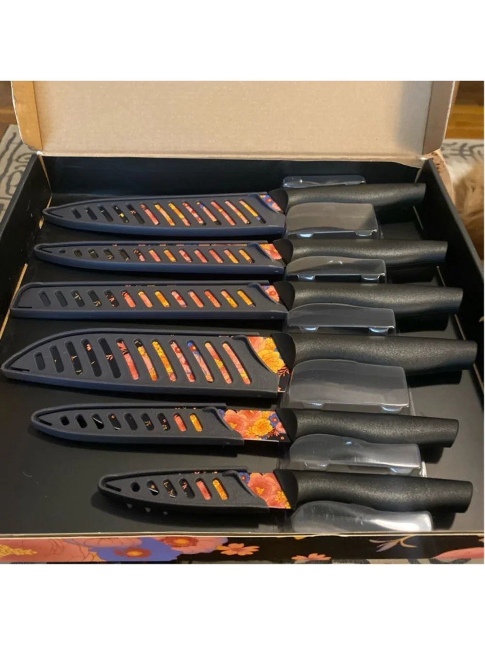 Marco Almond Knife Set Black Floral Designer Knives 6 Piece Stainless Steel NEW
